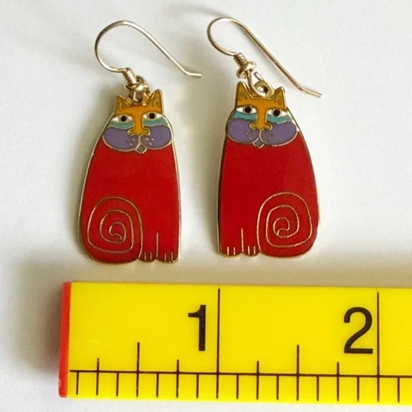 Laurel Burch Vintage 1986 Olivia Cat Red Gold Tone Hoop Dangle Earrings - Picture 5 of 5